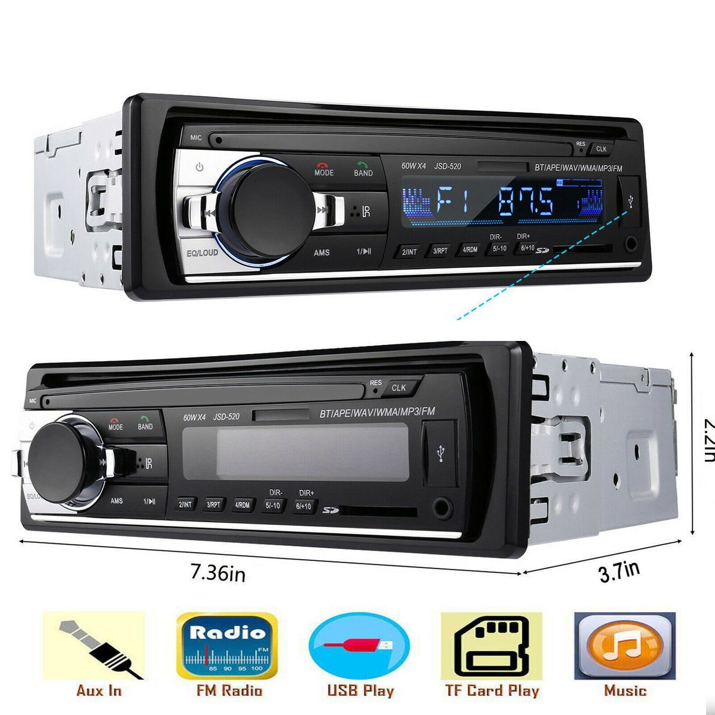 AUTORADIO BLUETOOTH USB SD AUX MP3 4x60W 1DIN ZONDER CD NIEUW