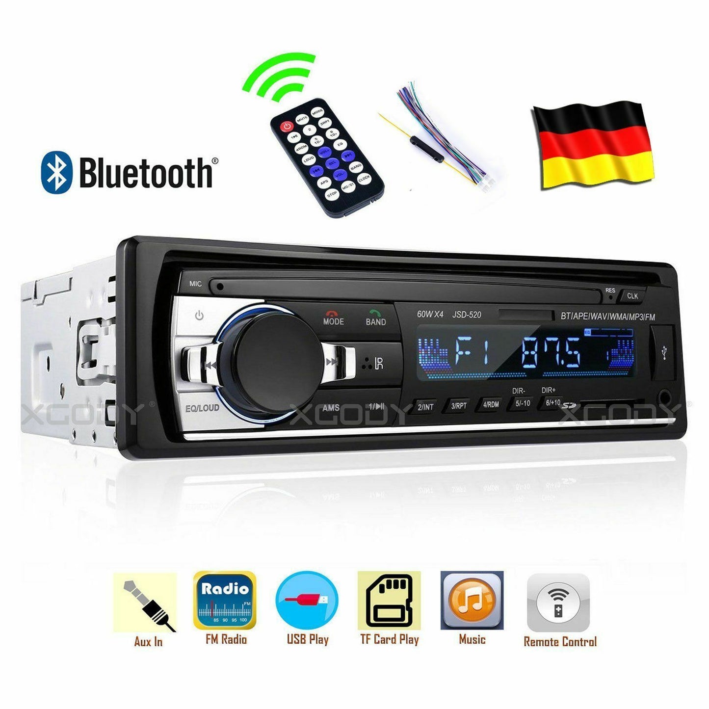 AUTORADIO BLUETOOTH USB SD AUX MP3 4x60W 1DIN ZONDER CD NIEUW
