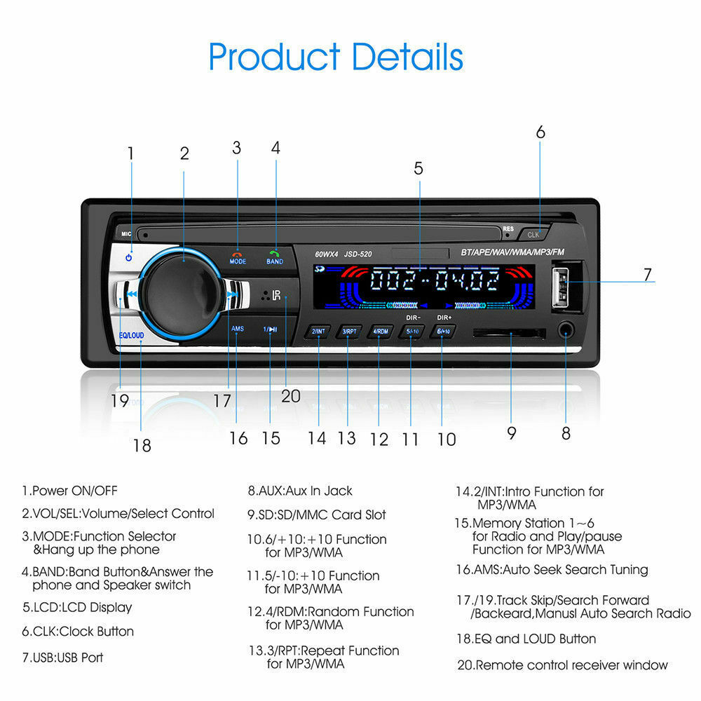 AUTORADIO BLUETOOTH USB SD AUX MP3 4x60W 1DIN ZONDER CD NIEUW